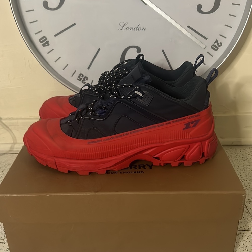 Red and navy blue Burberry sneakers